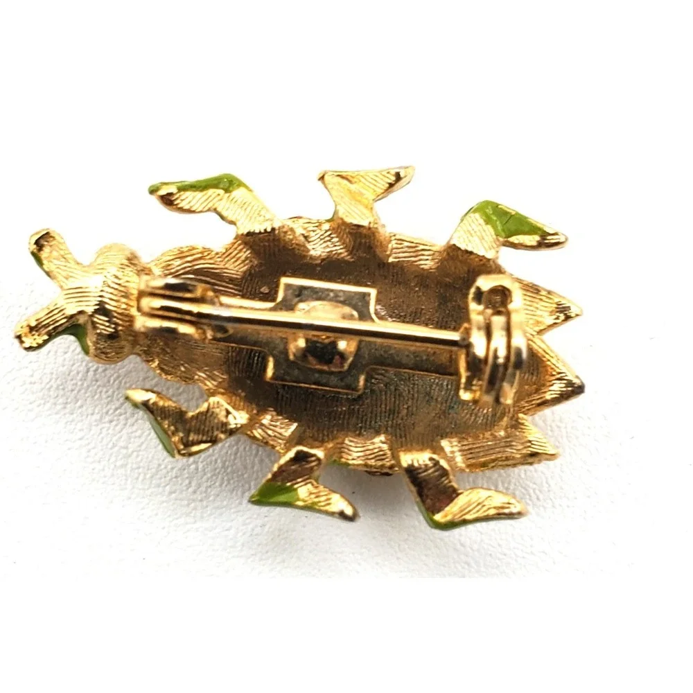 Vintage 6 Legged Red Eye Bug Pin Brooch Gold Tone Yellow Rhinestone Encrusted